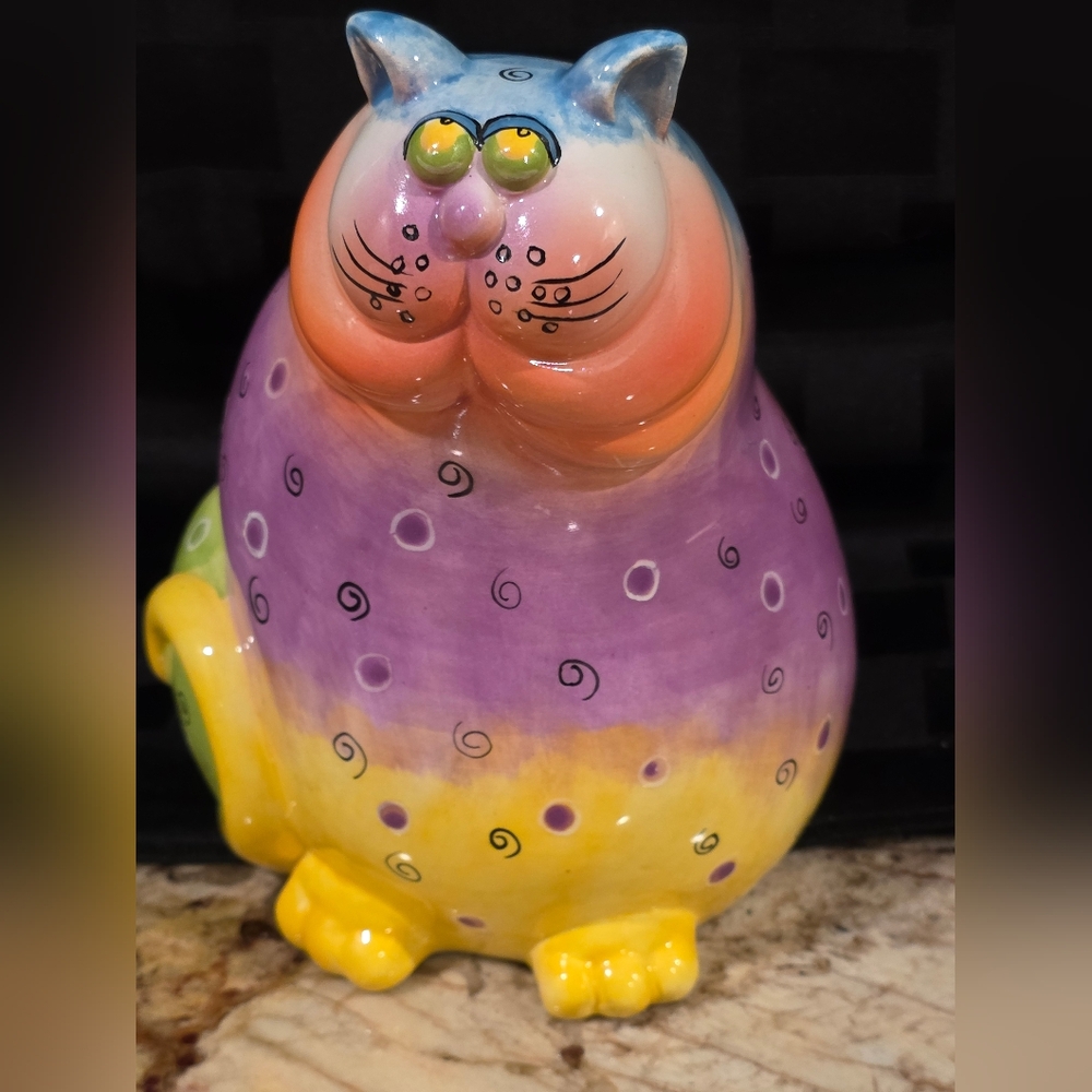 Funky Fat Cat Piggy Bank Whimsical Colorful Approx 6"